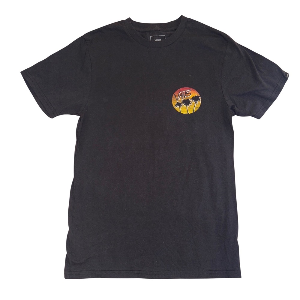 Vans Mens Black Graphic‎ T Shirt Palm Tree Sunset Logo Back Print Small